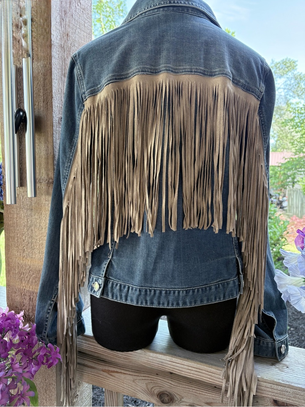 Chico’s Denim Blue Jean Western/Festival Faux Suede Long Fringed Jacket NWT S - Picture 8 of 12